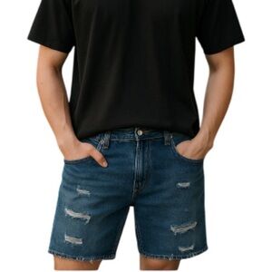 TOMMY HILFIGER Mens Upcycled Cutoffs Jean Shorts Freedom Midwash Distressed 32